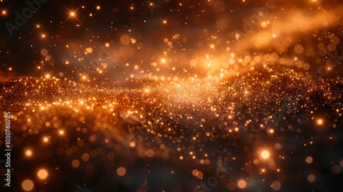 Abstract Abstract Gold Festive Background With Wavy Glitter And Golden Lighting With Bokeh Effect.