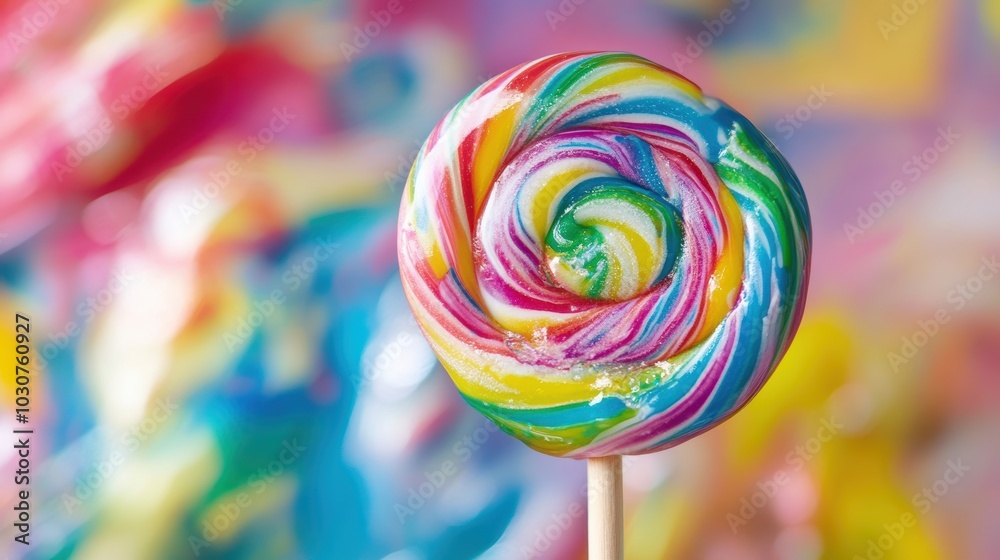 Rainbow swirl lollipop against colorful background. Rainbow swirl lollipop against colorful background.