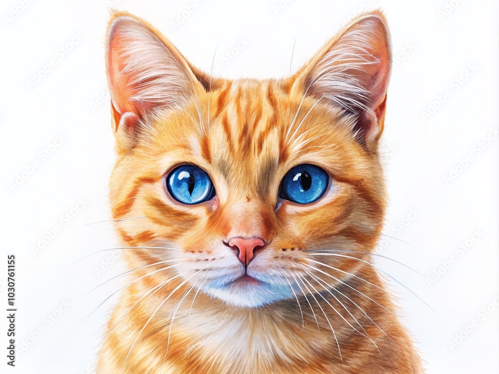 Minimalist Drawing of an Orange Cat with Blue Eyes on White Background for Home Decor Minimalist Drawing of an Orange Cat with Blue Eyes on White Background for Home Decor