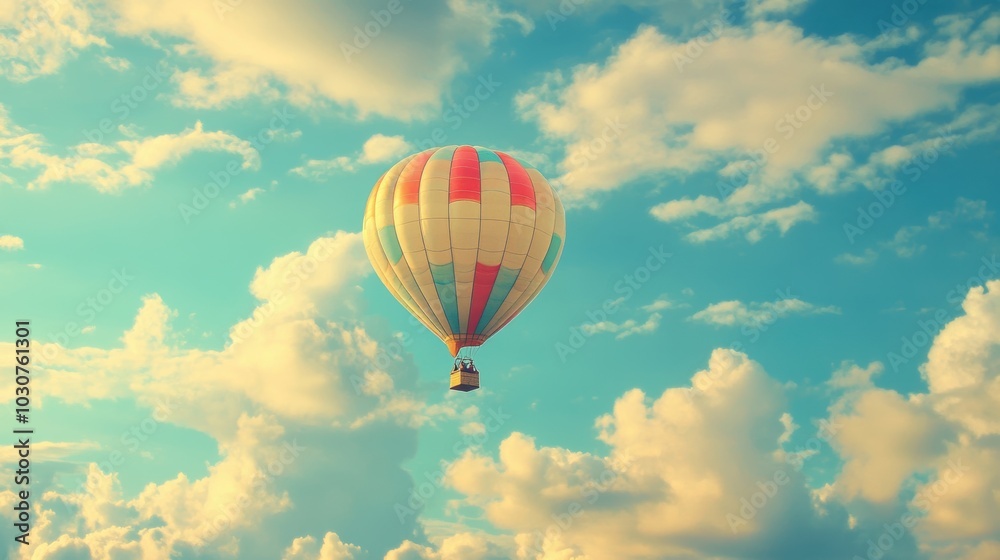 Naklejka premium Hot air balloon soaring through blue sky with clouds.