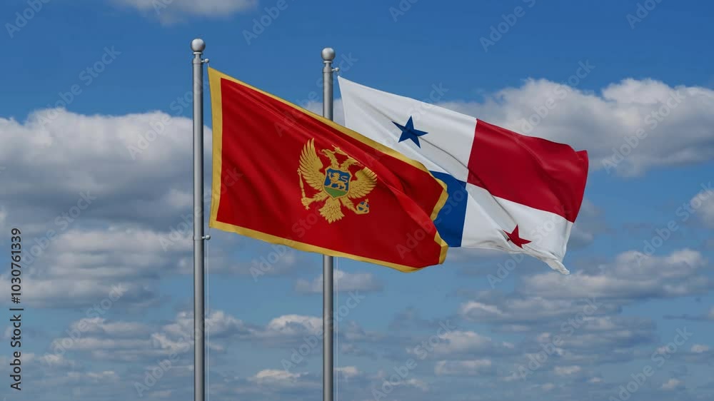 Panama and Montenegro flags flying together, video concept of the relationship, two country relations concept