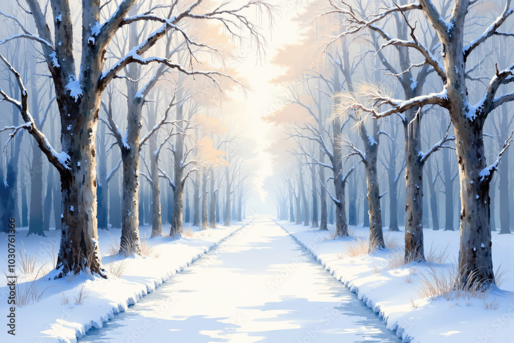 Obraz premium Sun shining on a snowy path lined with trees