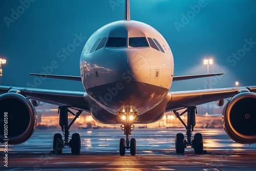 The airplane is positioned on the tarmac, its lights illuminating the surroundings at night.