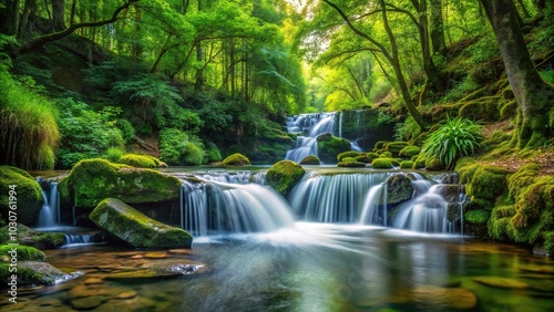 Forced perspective view of a little stream waterfall in the woods