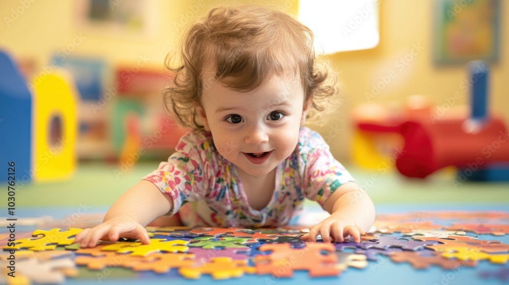 Fototapeta premium Smiling baby playing with colorful puzzle.