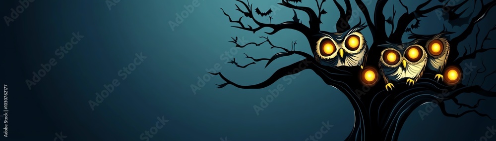 Spooky tree with glowing eyes and owls, perfect for Halloween night scenes or eerie themed designs. Dark and mysterious atmosphere. Spooky tree with glowing eyes and owls, perfect for Halloween night scenes or eerie themed designs. Dark and mysterious atmosphere.