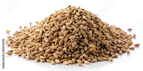 Forced perspective view of Ajwain or Trachyspermum ammi caraway herb spice seeds on white background photo