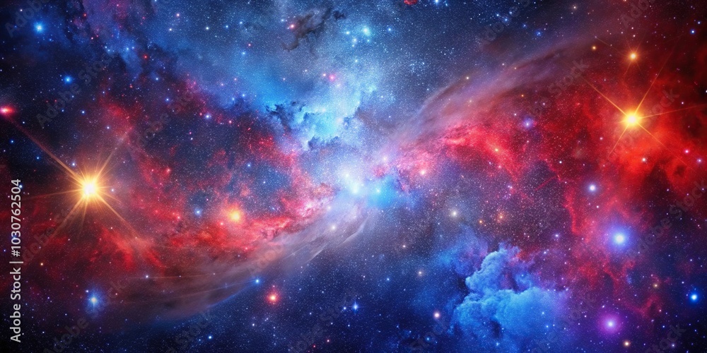 Naklejka premium Forced perspective view of universe with red, blue, and purple stars