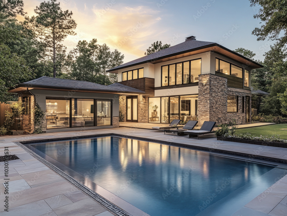 Modern luxury home with outdoor pool and large windows Modern luxury home with outdoor pool and large windows