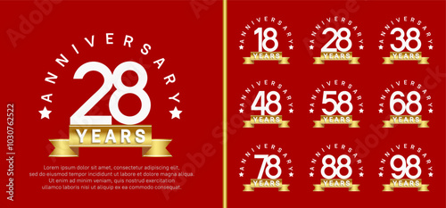 anniversary set logotype. vector design white color with golden ribbon can be use for celebration