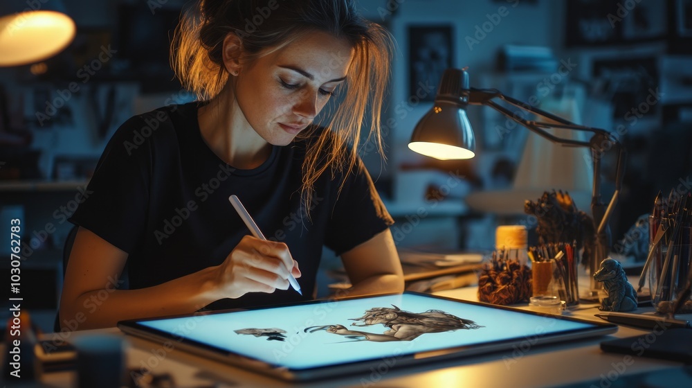 Fototapeta premium Young woman drawing on a digital tablet at her desk in a dimly lit room.