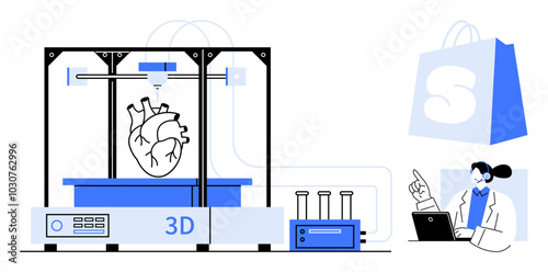 A 3D printer creating a heart model beside a doctor working on a laptop. Ideal for medicine, biotechnology, innovation, technology, healthcare. Clean modern style