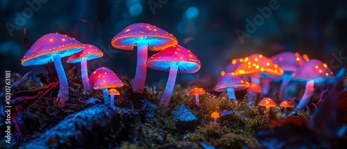 Glowing mushrooms in magical forest scene.