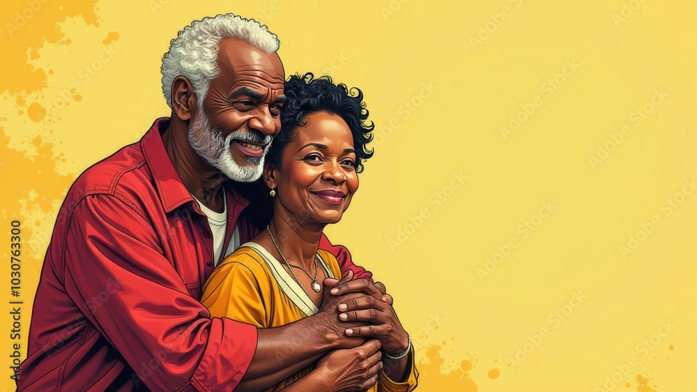 Fototapeta premium Elderly African couple hugging, smiling in a great mood. Free space for text