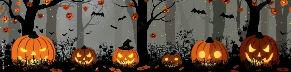 Fototapeta premium A row of glowing jack o lanterns with various carved faces in a foggy forest, surrounded by bats and spooky Halloween trees