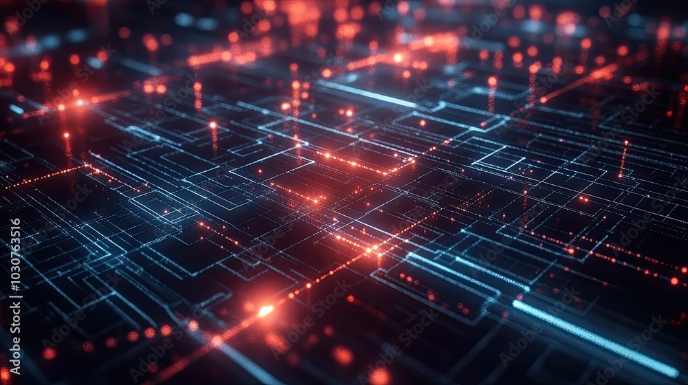 Glowing grid of abstract nodes and data pathways representing digital connectivity and technological systems Glowing grid of abstract nodes and data pathways representing digital connectivity and technological systems