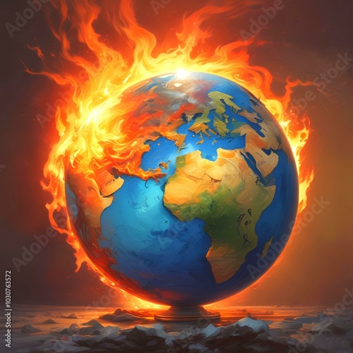 Illustration of earth globe in flame of fire. Global worming.