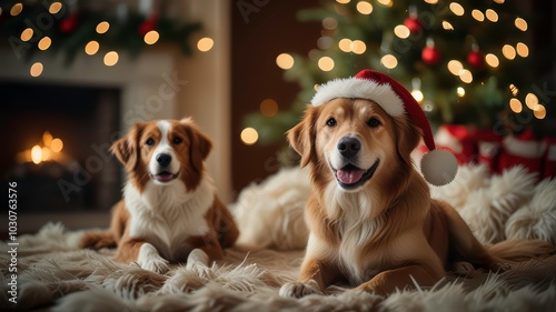 Two Dogs in Christmas Costumes by the Tree and Golden Garlands