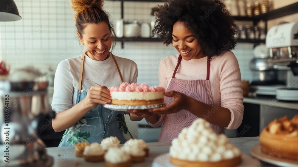 Two talented employees collaborate and create exquisite cake decorations in a warm, inviting bakery Two talented employees collaborate and create exquisite cake decorations in a warm, inviting bakery