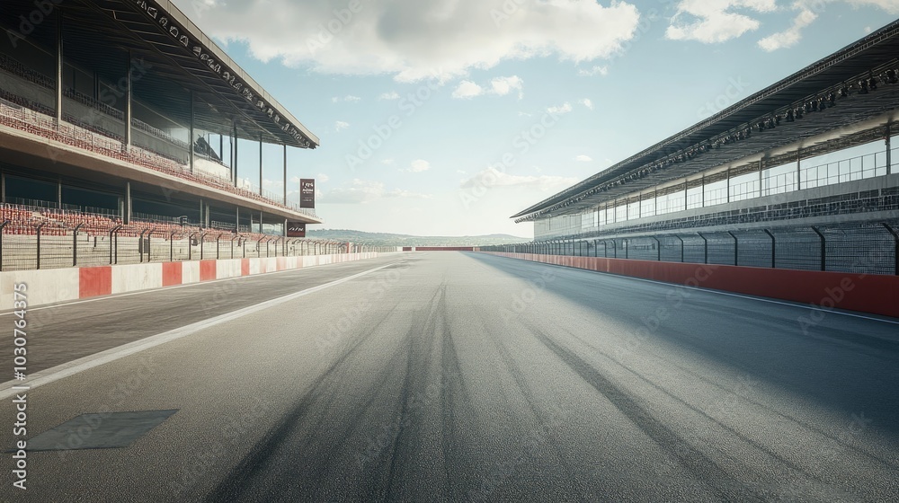 Race track with a long straightaway, deserted with clear space for text, no cars, no spectators present Race track with a long straightaway, deserted with clear space for text, no cars, no spectators present