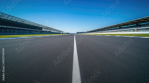 Wide-angle view of an empty race track with starting grid and ample copy space, no cars, no people