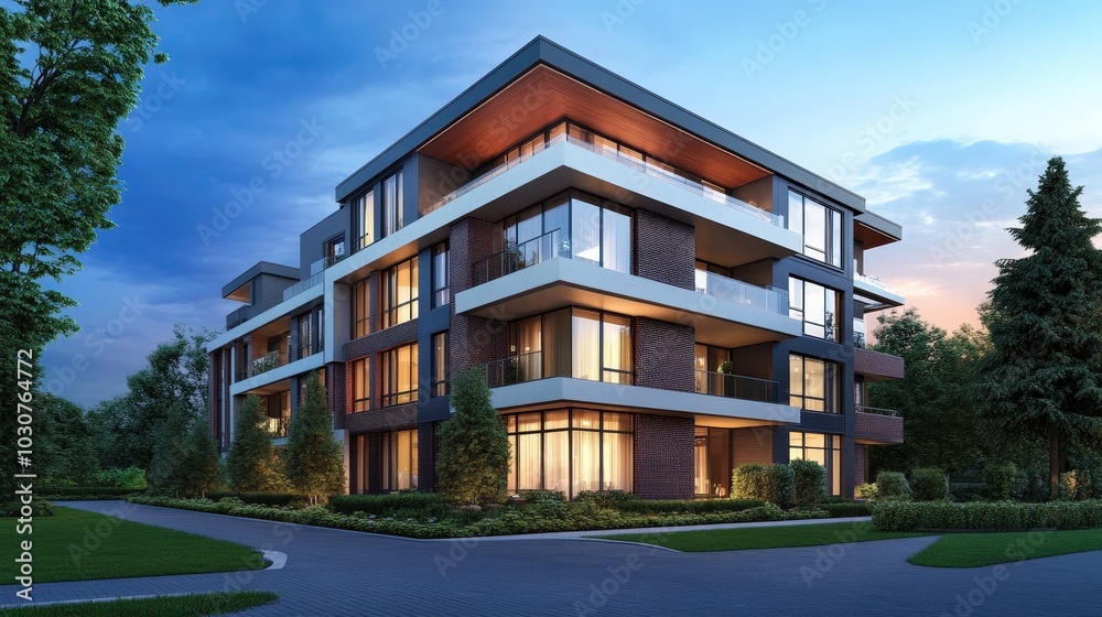 Modern apartment building at twilight, beautiful. Modern apartment building at twilight, beautiful.