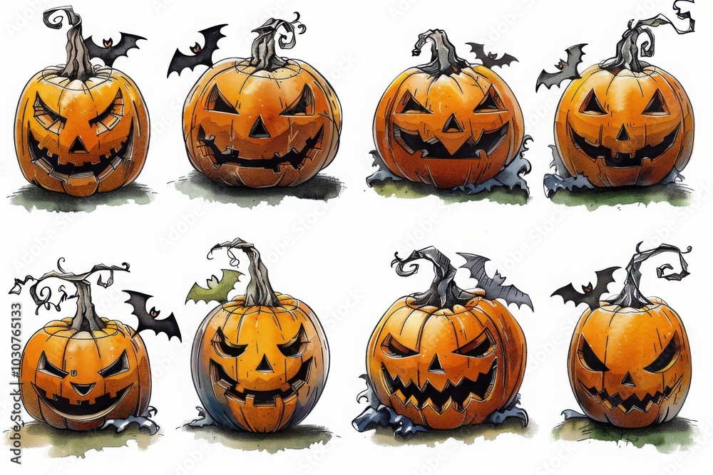 A whimsical series of jack-o-lanterns each bearing a unique and playful expression, surrounded by bats and set against a neutral backdrop, perfect for festive Halloween decorations.
A whimsical series of jack-o-lanterns each bearing a unique and playful expression, surrounded by bats and set against a neutral backdrop, perfect for festive Halloween decorations.