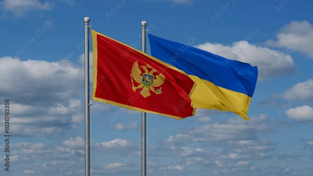 Ukraine and Montenegro flags flying together, video concept of the relationship, two country relations concept Ukraine and Montenegro flags flying together, video concept of the relationship, two country relations concept