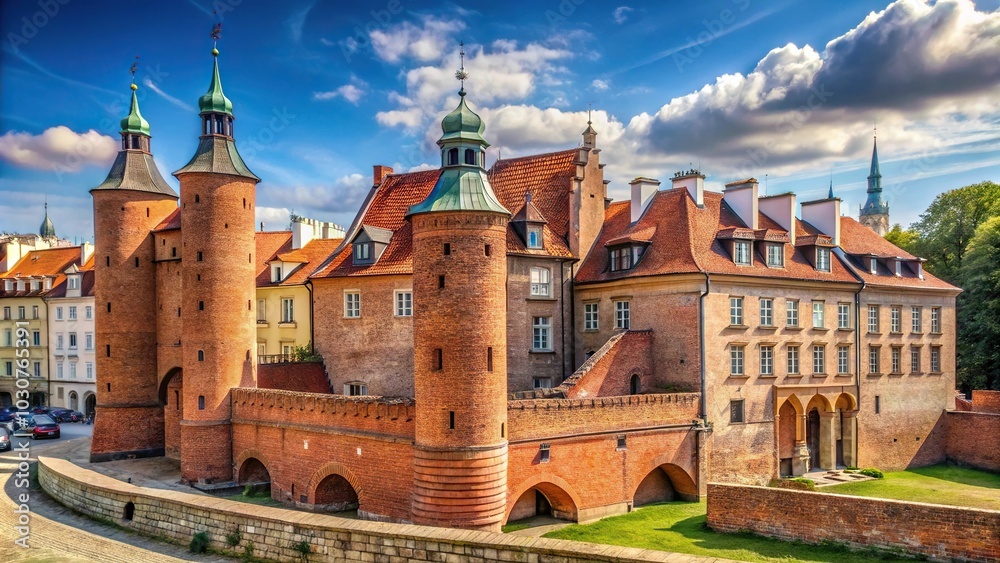 Fototapeta premium Fortified medieval outpost Warsaw barbican from a low angle view