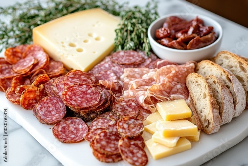 food styling, cheese and charcuterie on a white platter in a cozy kitchen with herbs, bread, text space perfect for a food display