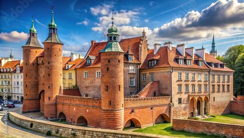 Fortified medieval outpost Warsaw barbican from a low angle view