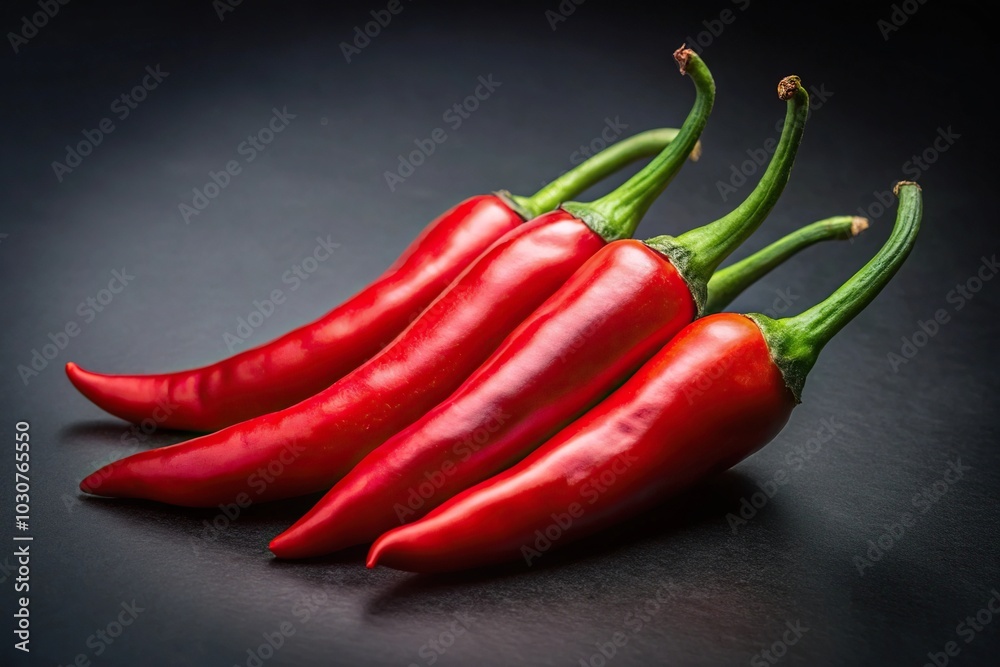 Four red chili peppers on black background with shallow depth of field Four red chili peppers on black background with shallow depth of field