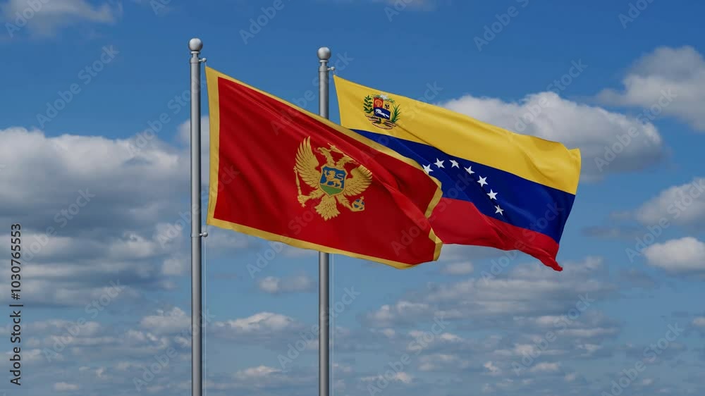 Venezuela and Montenegro flags flying together, video concept of the relationship Venezuela and Montenegro flags flying together, video concept of the relationship