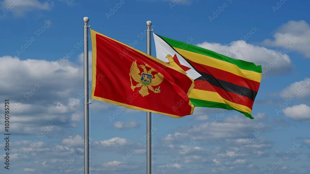 Zimbabwe and Montenegro flags flying together, video concept of the relationship, two country cooperation concept Zimbabwe and Montenegro flags flying together, video concept of the relationship, two country cooperation concept