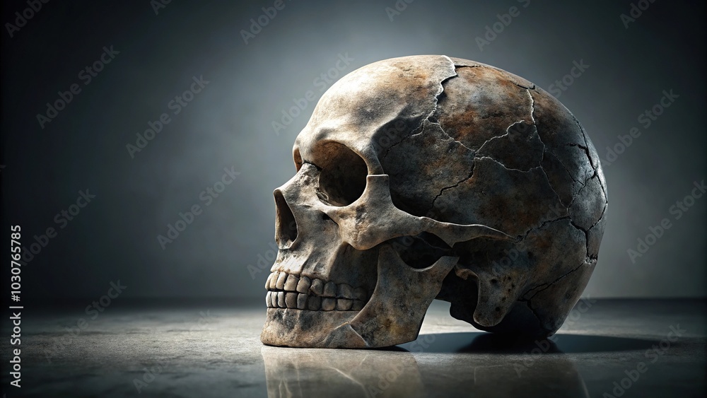 Fractured stone skull silhouette on white background Fractured stone skull silhouette on white background