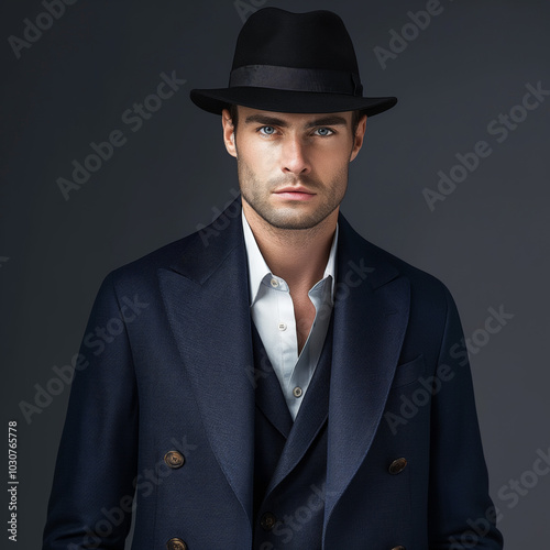 Sophisticated Young Caucasian Man in Dark Suit and Fedora Hat Looking Intensely at the Camera