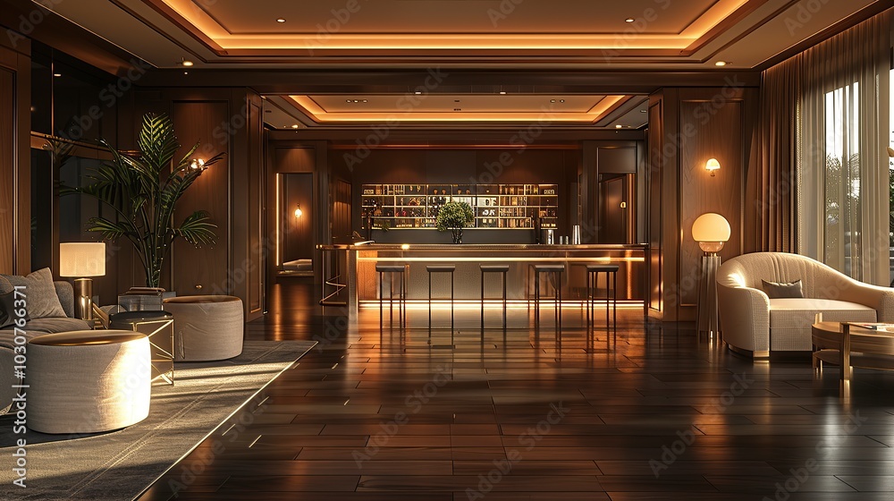 Detailed 3D illustration of an empty, modern lounge with plush seating, a sleek bar, and stylish decor, capturing a sophisticated and contemporary design. High resolution Illustration, in the style