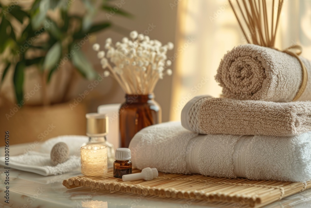 Calm spa: aromatherapy essentials and soft towels in natural setting Calm spa: aromatherapy essentials and soft towels in natural setting