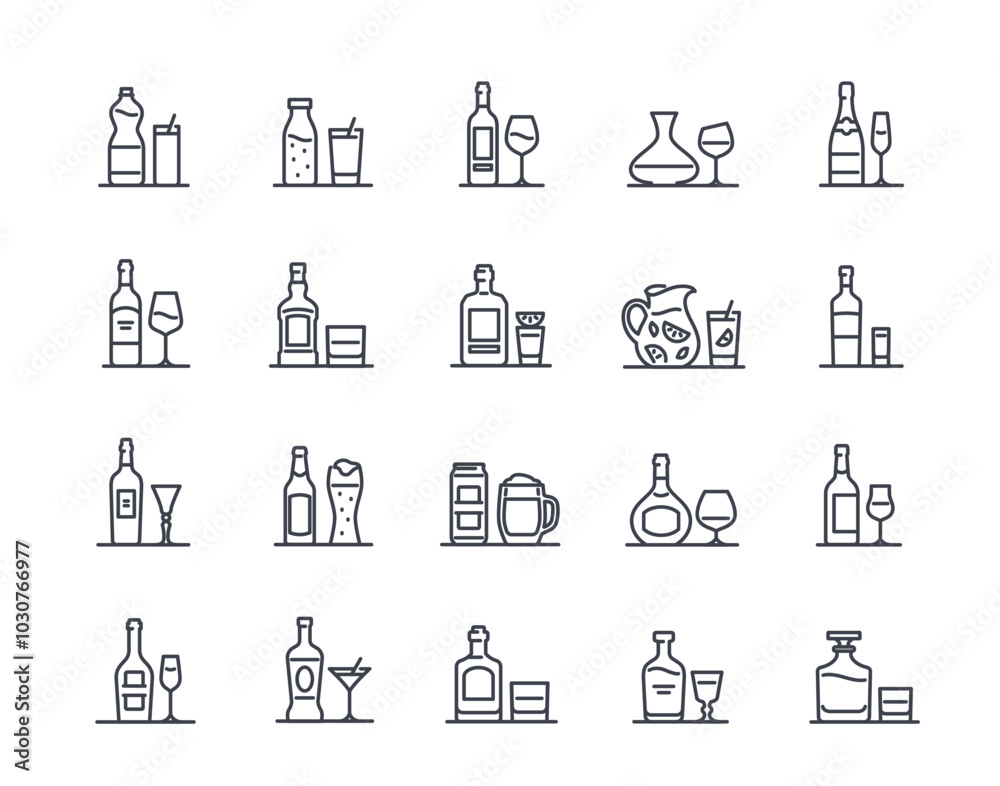 Alcoholic Drinks Line Icons. Simple symbols with vodka, beer, wine, whiskey and cocktail. Editable stroke. Design element for bar menu. Outline vector illustration collection isolated on background Alcoholic Drinks Line Icons. Simple symbols with vodka, beer, wine, whiskey and cocktail. Editable stroke. Design element for bar menu. Outline vector illustration collection isolated on background