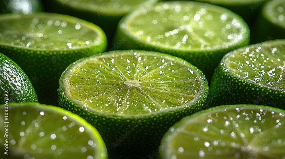 Close-up of fresh limes with water droplets, showcasing their vibrant green color and juicy texture Close-up of fresh limes with water droplets, showcasing their vibrant green color and juicy texture