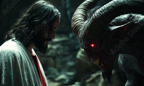 A powerful and dramatic confrontation between a calm, serene figure resembling Jesus and a terrifying, horned demon with glowing red eyes, symbolizing the struggle between good and evil photo