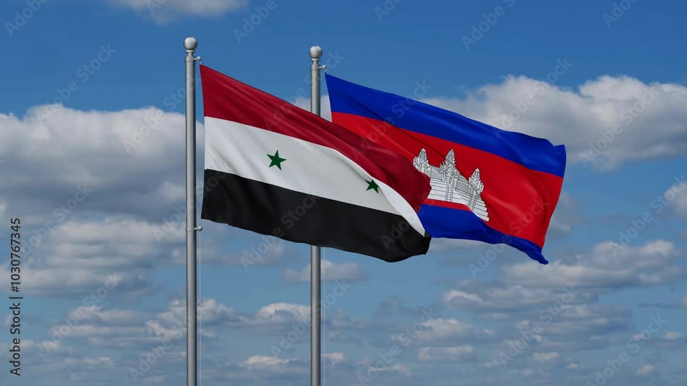Cambodia and Syria flags flying together, video concept of the relationship, two country relations concept