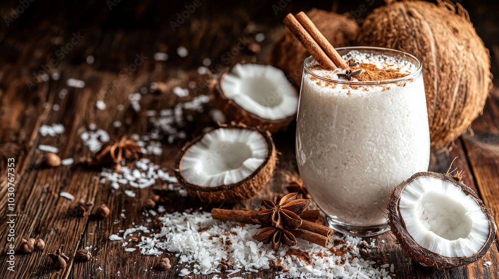 Chilled Coquito in Glass with Cinnamon Sticks Chilled Coquito in Glass with Cinnamon Sticks