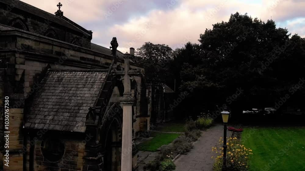 Old Gothic English Church with cross in Yorkshire aerial drone Old Gothic English Church with cross in Yorkshire aerial drone