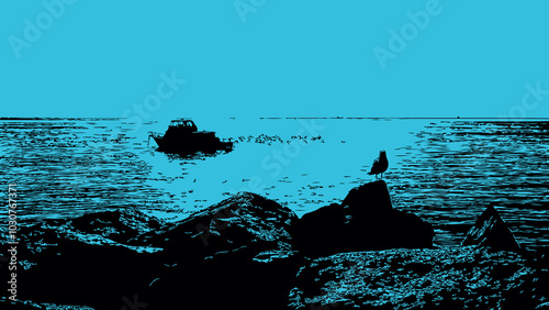 A serene seascape unfolds. A lone seagull perches atop a rocky outcrop, gazing at a small boat cutting through the sparkling turquoise water. The deep blue sky, adorned with blue colour theme. Vector  photo