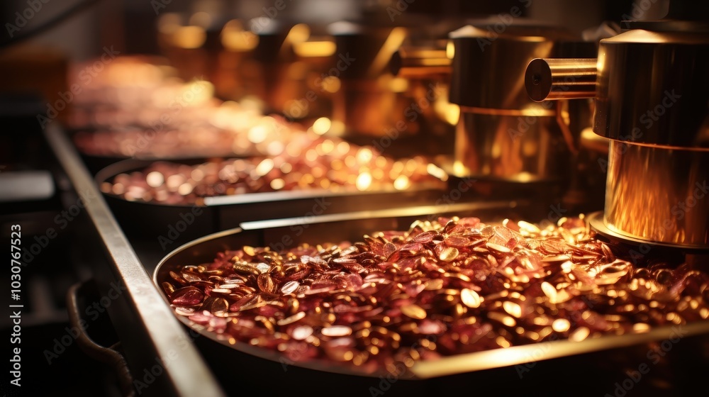 Industrial Machinery Processing Shiny Metal Parts in a Row Industrial Machinery Processing Shiny Metal Parts in a Row