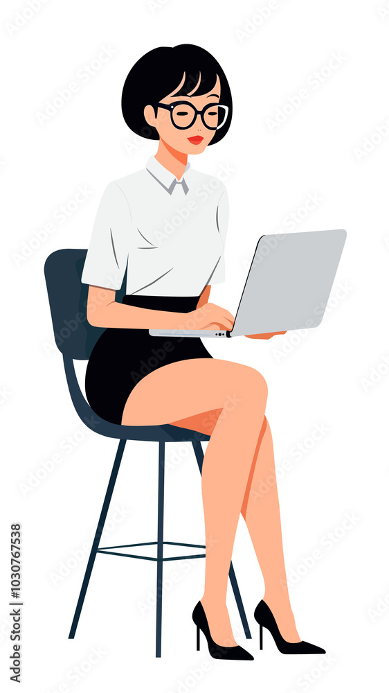 woman working on computer, laptop in office, working woman, vacancies, beautiful girl, sitting on bar stool, wearing glasses. Full-length character.Vector isolated illustration. Flat character portrai woman working on computer, laptop in office, working woman, vacancies, beautiful girl, sitting on bar stool, wearing glasses. Full-length character.Vector isolated illustration. Flat character portrai