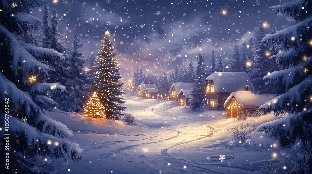 A snowy landscape with a Christmas tree and houses. The scene is lit up with lights, creating a warm and cozy atmosphere A snowy landscape with a Christmas tree and houses. The scene is lit up with lights, creating a warm and cozy atmosphere