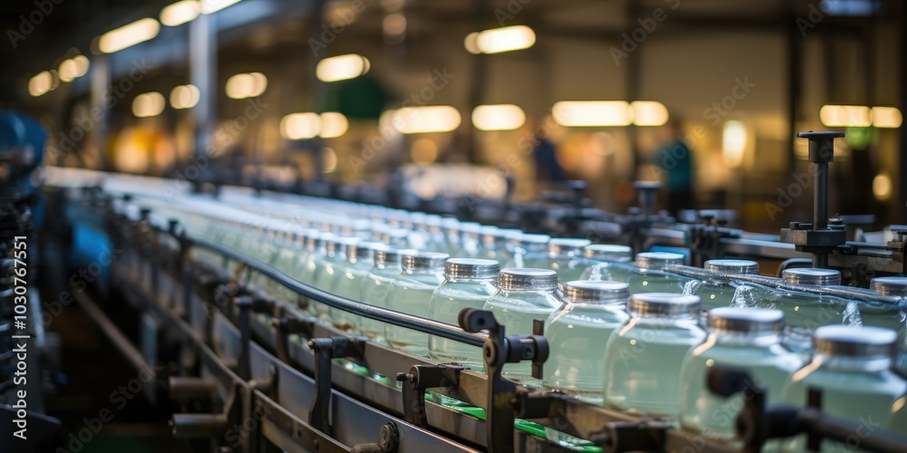 Obraz premium Bottles Moving on a Conveyor Belt Through a Factory, Showing a Closeup of the Machinery and Glass Containers