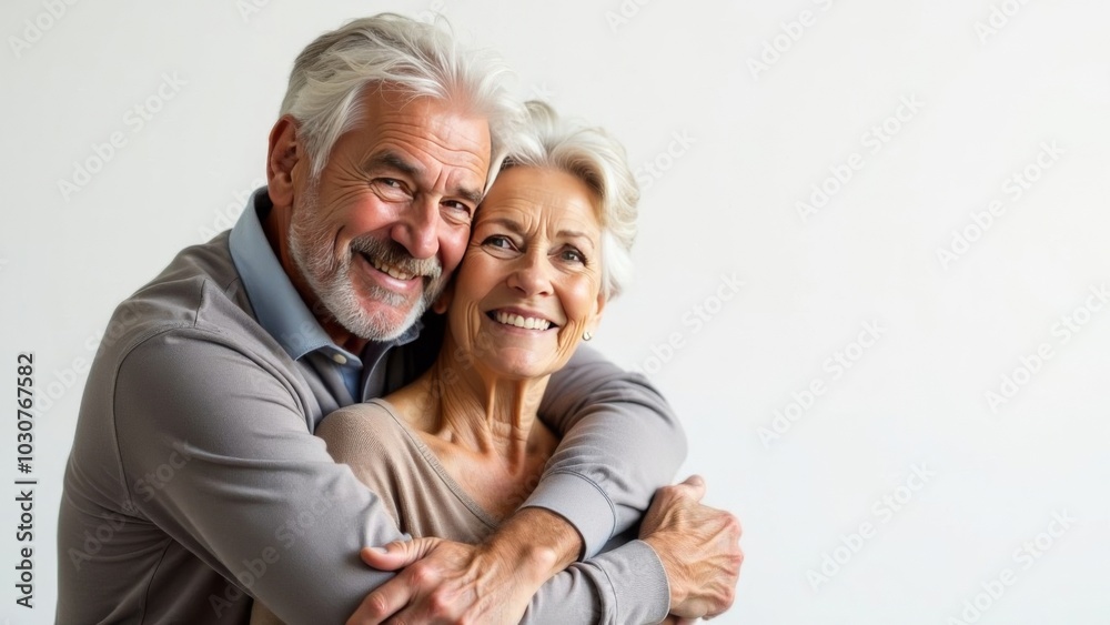 Elderly couple hugging, smiling on a white background, great mood. Free space for text Elderly couple hugging, smiling on a white background, great mood. Free space for text